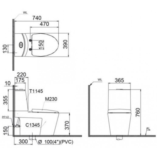 Bồn Cầu Điện Tử CAESAR CD1345/TAF200H 2 Khối