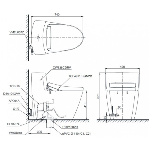 Bồn Cầu Điện Tử TOTO MS636CDRW12 Nắp Washlet Giấu Dây