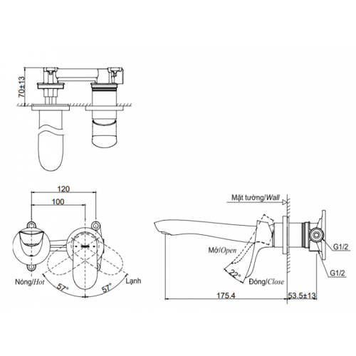 Vòi Lavabo TOTO TLG01311BB (TLG01311B) Nóng Lạnh Gắn Tường